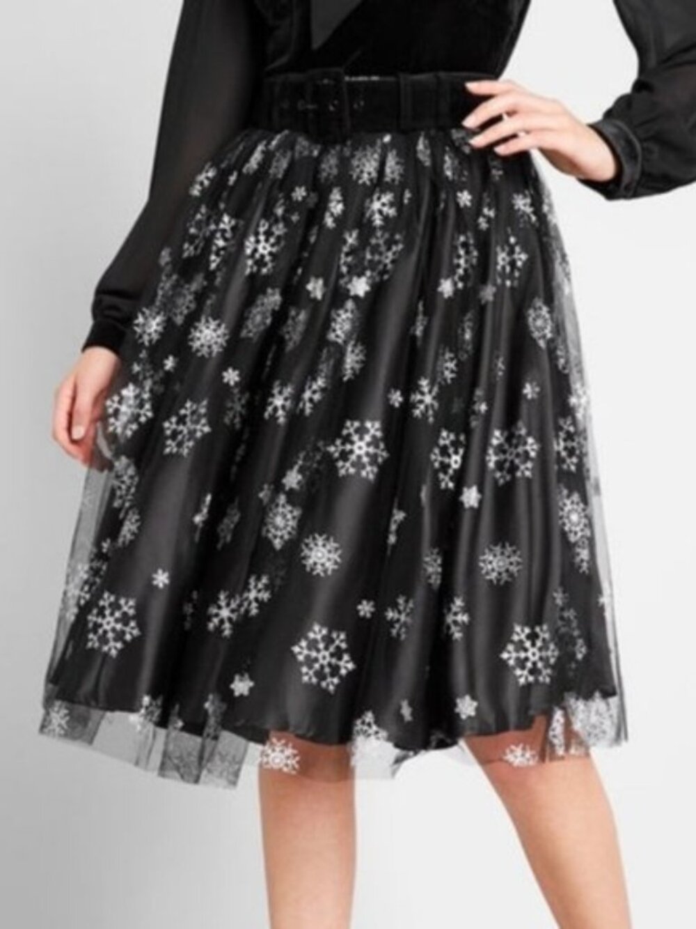 Unique Vintage Black & Silver Snowflakes Brilliance Swing Skirt 1X/16 NWT